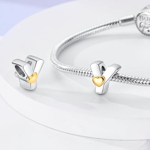 Two-Tone Gold Heart S925 Silver Letter Charm Fits Pandora Bracelet Necklace | Initial Bead Two-Tone Gold Heart, DIY European Bracelet Accessory, Gift for Ladies Birthday Anniversary Valentine - style: Y