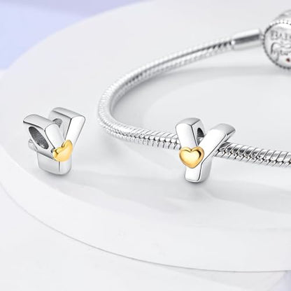 Two-Tone Gold Heart S925 Silver Letter Charm Fits Pandora Bracelet Necklace | Initial Bead Two-Tone Gold Heart, DIY European Bracelet Accessory, Gift for Ladies Birthday Anniversary Valentine - style: Y