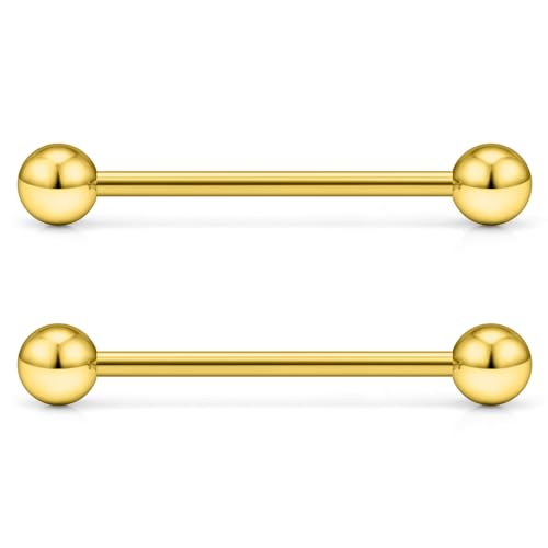 16G 14G Surgical Steel Tongue Rings Nipple Rings Industrial Piercing Jewelry Set Multi Size Straight Barbells 12mm 14mm 16mm 19mm 22mm 28mm 32mm 35mm 38mm 40mm 45mm for Women Men - color: goldtone, size: 14g,bar length 22mm