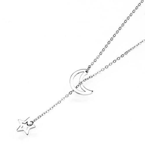 18K Gold Plated Stainless Steel Bee Honeycomb Pendant Necklace, Adjustable Y Lariat Conch/Guitar/Horseshoe Necklace for Women - color: Silver, style: Moon Star