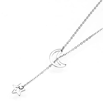 18K Gold Plated Stainless Steel Bee Honeycomb Pendant Necklace, Adjustable Y Lariat Conch/Guitar/Horseshoe Necklace for Women - color: Silver, style: Moon Star