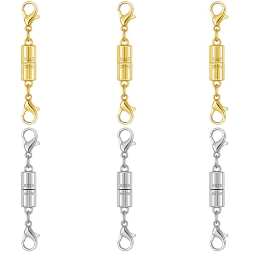 Magnetic Jewelry Clasps, 925 Sterling Silver, Strong Magnetic Closures for Necklaces and Bracelets (6pcs Golden Silvery) - color: 6pcs golden silvery