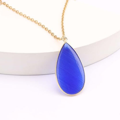 BaubleStar Teardrop Natural Crystal Healing Stone Pendant Necklace | Birthstone Quartz Necklace for Women, Multi-Color Available - color: Blue