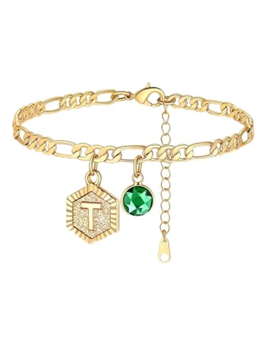 Custom4U Personalized Initial Ankle Bracelets for Women 14K Gold Plated Dainty CZ Birthstone Hexagon Letter Initial Anklets for Women Adjustable Silver/Gold Foot Chain Summer Beach Jewelry Gifts - color: Gold Hexagon-T