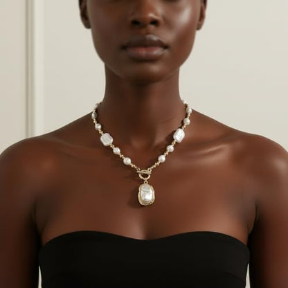 Chunky Pearl Necklaces for Women Chunky Baroque Pearl Beaded Gold Chain Link Pearls Pendant Necklace White Pearls Necklace Valentine's Day Jewelry Gifts Party Prom Birthday Outfits Accessorie - style: Pearl Bead Necklace, Pearl Pendant