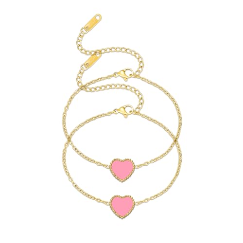 18K Gold Plated Five Heart Charm Bracelets for Women | Adjustable Love Bracelet Set Jewelry Gift-Hypoallergenic for Birthdays, Wellness & Daily Wear - color: 2#-Pink