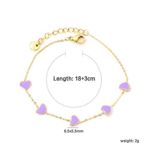 Cute Heart Charm Link Chain Bracelet for Women Dainty Stainless Steel Gold Plated Colorful Enamel Love Heart Adjustable Bracelets Fashion Jewelry for Bff Daughter Her - color: Purple