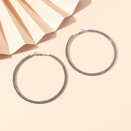 80mm Rhinestone Hoop Earrings for Women Sparkly Earrings Cubic Zirconia Circle Earring Exaggerated Prom Earring Large Rhinestones Round Hoop Earrings Silver Prom Jewelry for Party Wedding Birthday - color: Black