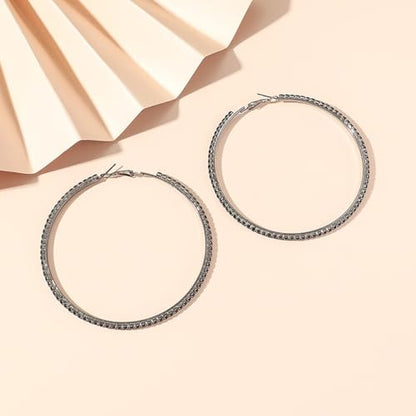 80mm Rhinestone Hoop Earrings for Women Sparkly Earrings Cubic Zirconia Circle Earring Exaggerated Prom Earring Large Rhinestones Round Hoop Earrings Silver Prom Jewelry for Party Wedding Birthday - color: Black