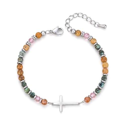 Natural Stone Beaded Bracelet for Women with Wave/Cross Charm - Stainless Steel Adjustable Resilience & Faith Jewelry, Earthy Boho Gift for Her - color: Silver-Cross