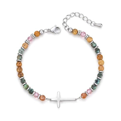 Natural Stone Beaded Bracelet for Women with Wave/Cross Charm - Stainless Steel Adjustable Resilience & Faith Jewelry, Earthy Boho Gift for Her - color: Silver-Cross