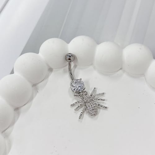 14G Crystal Spider Dangle Belly Button Ring for Women Men Stainless Steel Cubic Zirconia Statement Goth Insect Charm Navel Rings Curved Barbell Simple Sexy Halloween Body Piercing Jewelry - color: Silver