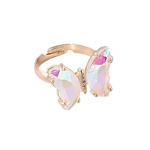 COLORFUL BLING Adjustable Elegant Transparent Crystal 3D Butterfly Rings for Women Aesthetic Gold Plated Cute Animal Insect Open Finger Cuff Ring Birthday Valentine Gifts - color: transparent white