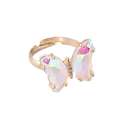 COLORFUL BLING Adjustable Elegant Transparent Crystal 3D Butterfly Rings for Women Aesthetic Gold Plated Cute Animal Insect Open Finger Cuff Ring Birthday Valentine Gifts - color: transparent white