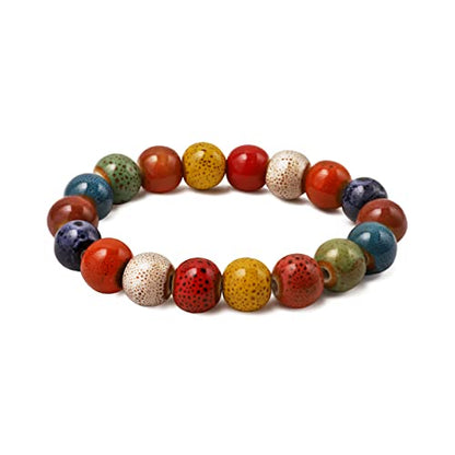 Boho Hippie Colorful Ceramic Beads Strand Stretch Bracelet, Bohemian Summer Beach Jewelry Gift for Women - color: S01