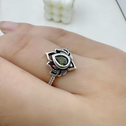 Lotus Ring for Women - Zircon Inlaid Flower Promise Ring - My Trauma Inspirational Statement Floral Jewelry Gift - color: green