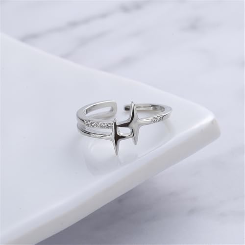 Dainty Twin Star Adjustable Open Wrap Ring for Women Silver Plated Stacking Statement Crystal Celestial Finger Rings Layered Comfort Fit Fashion Birthday Holiday Jewelry Gift