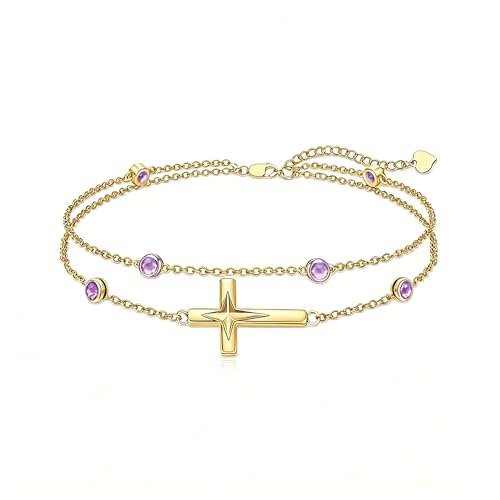 Midari 18K Yellow Gold Gemstone Birthstone Anklet Bracelet Cross Jewelry with 12 Months Birthstone Birthday Gifts for Women Wife Her Daughter Mom - color: 06-Light Violet, size: Bracelet 7"-9"