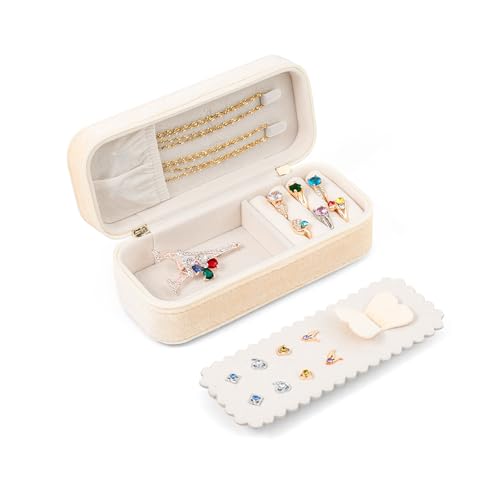 BONNY DODO Small Travel Jewelry Box Organizer for Women with Plush Velvet | Beige Portable Mini Jewelry Case Compact Storage Holder for Earrings Rings Necklaces Bracelets, Small Travel Gift Box - color: Beige, size: 6.2*2.6