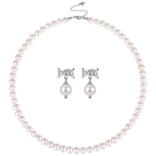 Freshwater Cultured Pearl Necklace Set Includes Cute Bow Pearl Earrings Jewelry for Women - size: 7 to 8mm