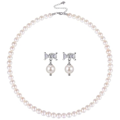 Freshwater Cultured Pearl Necklace Set Includes Cute Bow Pearl Earrings Jewelry for Women - size: 7 to 8mm