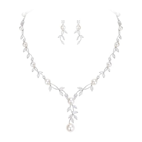 EVER FAITH Cubic Zirconia Pearl Leaf Vine Wedding Jewelry Set for Bride | Crystal Filigree Bridal Necklace Earrings, for Women Bridesmaid - color: 2pcs_White Silver-Plated-Brass