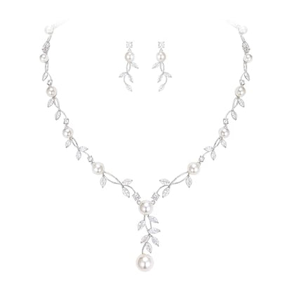 EVER FAITH Cubic Zirconia Pearl Leaf Vine Wedding Jewelry Set for Bride | Crystal Filigree Bridal Necklace Earrings, for Women Bridesmaid - color: 2pcs_White Silver-Plated-Brass