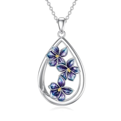 12 Month Birth Flower Necklace for Women 925 Sterling Silver Floral Teardrop Pendant Birthday Jewelry Gifts - color: 02. February Violet