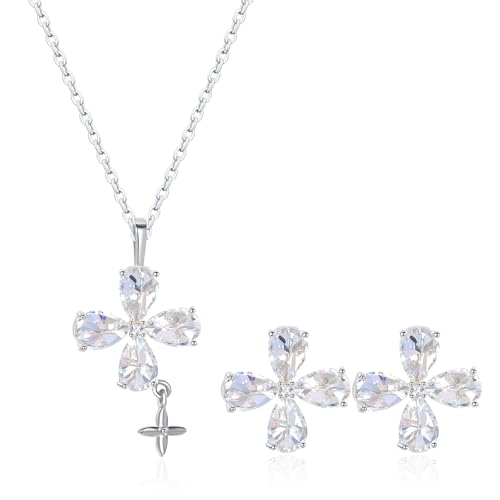 14K Gold Plated | 14K Platinum Plated Necklace for Women Necklace Earrings Set with Sparkling Zircon Inlay and Silver Post Earrings - color: Cross fringe set silver