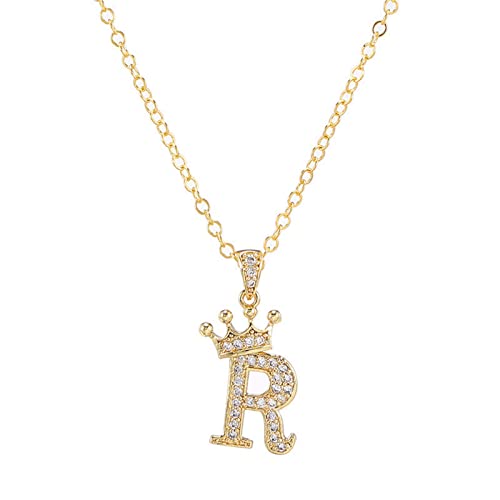 Pingyongchang Letter A-Z pendant necklace Crown letter pendant Charming initials chain necklace, inlaid crystal letter necklace - color: crown-R