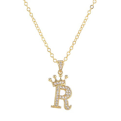 Pingyongchang Letter A-Z pendant necklace Crown letter pendant Charming initials chain necklace, inlaid crystal letter necklace - color: crown-R