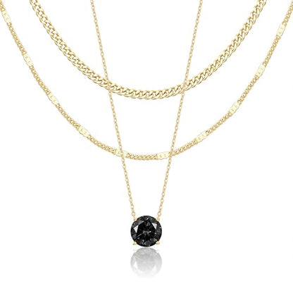 WomenGifts Layered Gold Necklaces for Women, 14K Gold Sterling Silver Plated Dainty Pendant Necklace Set Non Tarnish, Chunky Stackable Cuban Chain Choker, Trendy Birthstone Vacation Jewelry Gift - color: Gold, style: Cubic Zirconia-Created Black Diamond