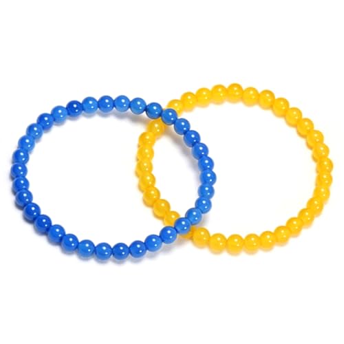 2PCS Agate Bracelet for Women Men Natural Round Beaded Agates Stone Healing Stretch Bracelets Elastic Handmade Polished Gemstone Beads Bracelet - color: Yellow+Blue, size: 6mm Beads