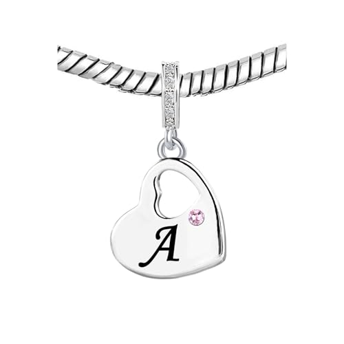 KunBead Initial A-Z Letter Pink Heart Alphabet Birthday Dangle Love Charms Compatible with Pandora Charm Bracelet for Auntie Friend Sister Mom Daughter Nana Granddaughter Wife - style: Letter A