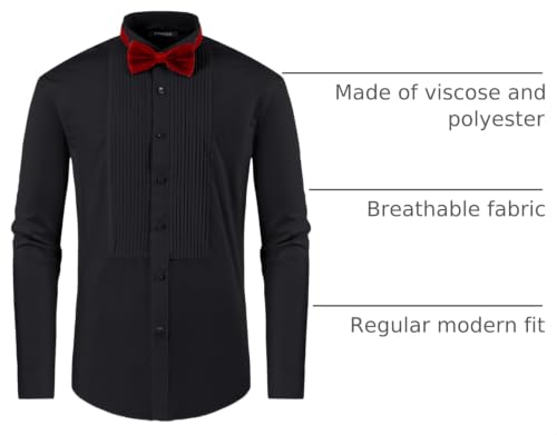 FAHIZO Men's White Tuxedo Shirt with Wing Collar, French Cuffs & Accessories - color: Bow Tie/Black, size: Medium