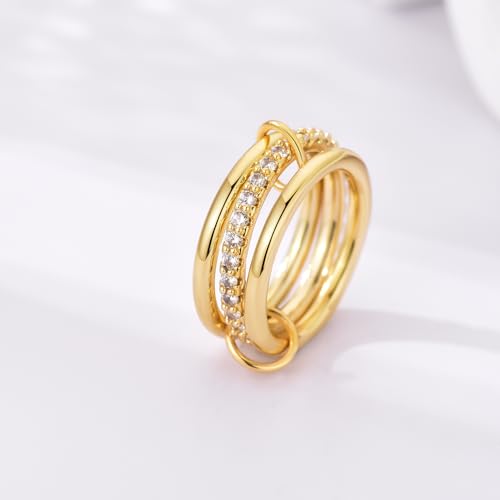14K Gold Plated Interlocked Stackable Rings for Women Non Tarnish,Gold and Silver Cubic Zirconia Statement Rings Set,Mixed Metals Ring Two-Toned Connected Bands Stacking Jewelry - color: 3pcs rings-gold