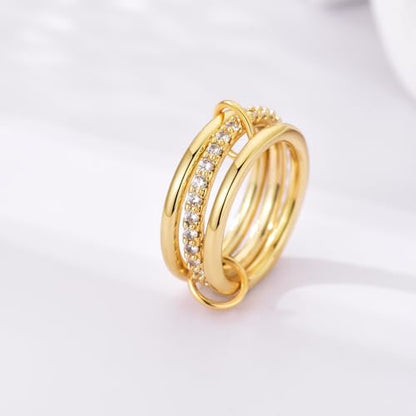 14K Gold Plated Interlocked Stackable Rings for Women Non Tarnish,Gold and Silver Cubic Zirconia Statement Rings Set,Mixed Metals Ring Two-Toned Connected Bands Stacking Jewelry - color: 3pcs rings-gold