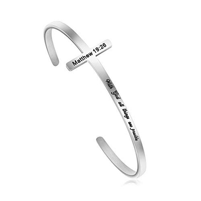 𝐂𝐫𝐨𝐬𝐬 𝐁𝐫𝐚𝐜𝐞𝐥𝐞𝐭 Religious Cuff Bangle 𝐁𝐢𝐛𝐥𝐞 𝐕𝐞𝐫𝐬𝐞 Christian Gifts Jewelry for 𝐖𝐨𝐦𝐞𝐧 - style: Silver cuff-With God all things are possible -Matthew 19:26