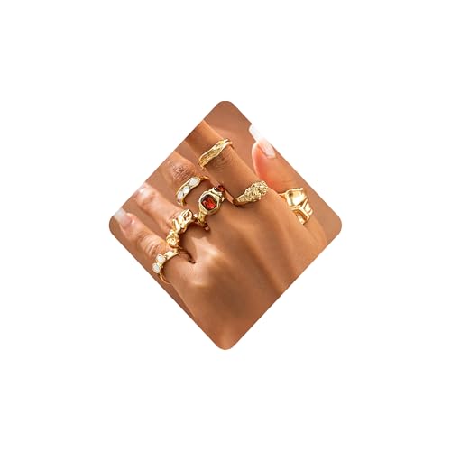 ZMANYIJEW Chunky Gold Rings Set for Women 14K Thick Dome Statement Rings Stackable Finger Knuckle Open Rings Punk Vintage Jewelry - color: 554-7pcs Gold B