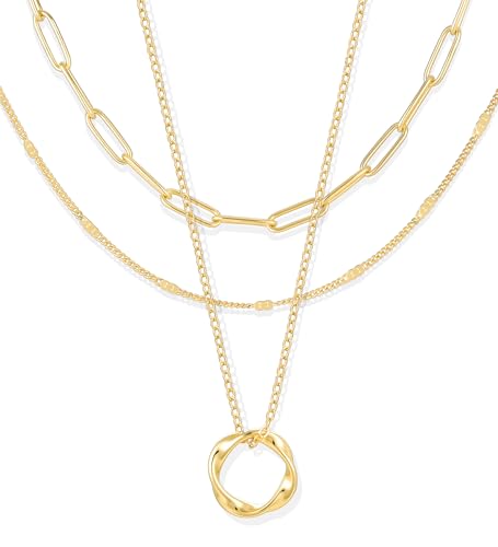 YEEZII Layered Gold Necklaces for Women Trendy, 3 Pcs 14K Gold Plated Choker Paperclip Box Chain Necklace, Stackable Women's Gold Pendant Necklaces Jewelry Set - color: Gold-3 pcs Circle
