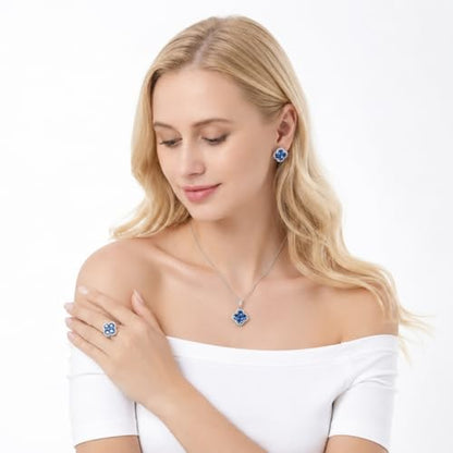 Green/Blue Zircon 4-Leaf Clover Jewelry Set – Necklace, Ring, Earrings – Women's Wedding & Evening Gift for Wife, Girlfriend, Mother – Comes with Gift Box - color: Blue 3-Piece Set