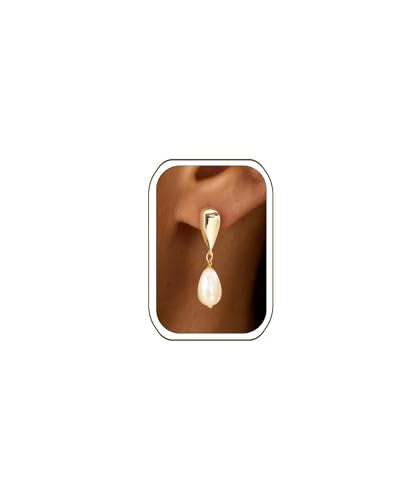 LLWOM Earrings for Women - 14K Gold Plated CZ Teardrop Dangle Earrings | Dangling Earrings for Women Trendy, Hypoallergenic Jewelry Gift for Wedding/Party/Prom/Daily, Elegant Drop Earring Stud - color: Gold Pearl Teardrop