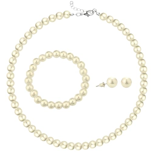 Simulated Pearl Jewelry Set Glass Imitation Pearls Choker Necklace Stud Earrings Elastic Bracelet Costume Jewelry for Women - color: Beige
