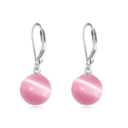 925 Sterling Silver Pearl Leverback Earrings Dangle Drop Jewelry Gifts for Women - style: Pink Cat's Eye