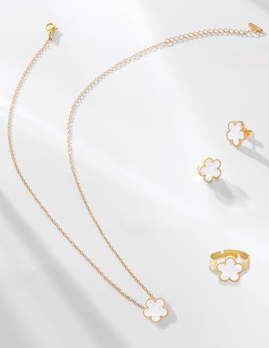 Gold Plated Stainless Steel Four Leaf Clover Necklace Earrings And Ring Jewelry Set for Women