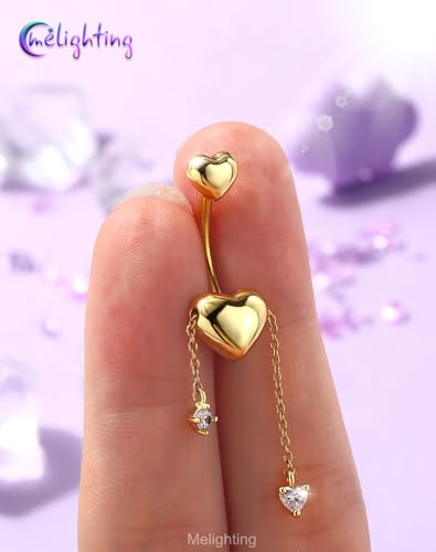 Melighting 14G Gold Belly Button Ring Dangle Chain, 10 mm Stainless Steel Belly Piercing Jewelry with CZ Heart Star Design, Cute Silver Navel Ring for Beach Daily Wear Women - color: Gold Heart