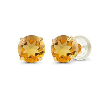 Solid 925 Sterling Silver Gold Plated 6mm Round Genuine Birthstone Gemstone Hypoallergenic Stud Earrings For Women - color: Citrine