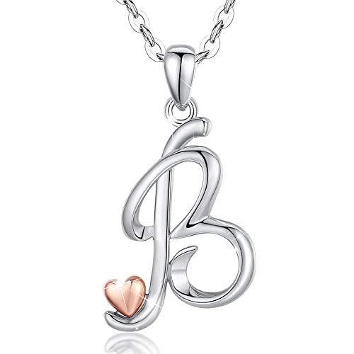 CELESTIA 925 Sterling Silver Initial Necklaces 26 Letter with Rose Gold Heart - 18 Inch Chain - color: B-Initial