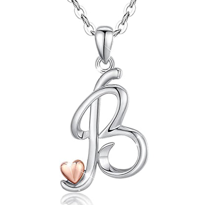 CELESTIA 925 Sterling Silver Initial Necklaces 26 Letter with Rose Gold Heart - 18 Inch Chain - color: B-Initial