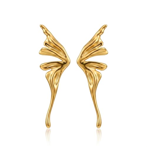 Chunky Gold Plated Flower Statement Drop Earrings for Women | Hypoallergenic 18K Gold Plated Textured Petal Wing, Large Statement Dangle Earrings for Wedding Party - color: Golden Butterfly-2